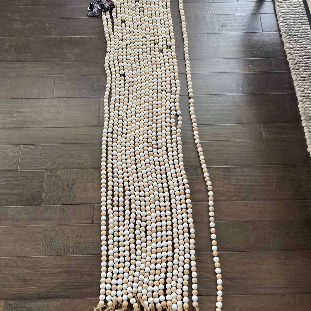$45 Set of 3 6’ feet foot Wooden Bead Garland, tan white alternating beads